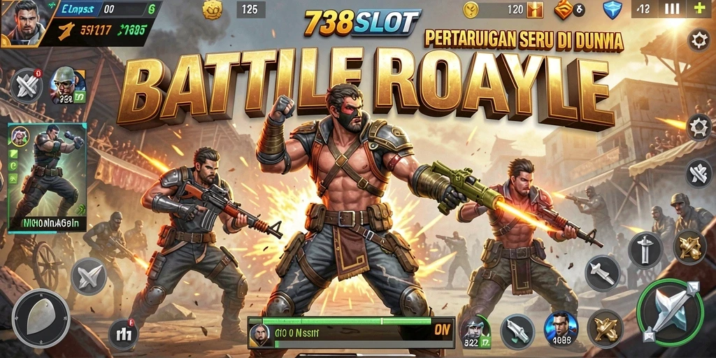 Gameplay <strong>738SLOT</strong> menampilkan pertarungan seru dalam dunia <strong>Battle Royale</strong>.
