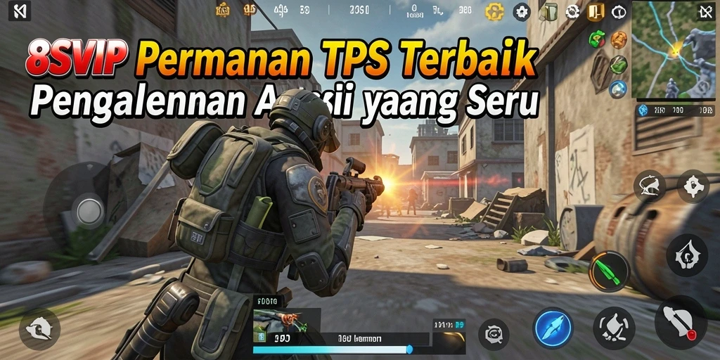 Tangkapan layar utama 8SVIP menunjukkan aksi pertempuran yang mendebarkan dalam mode TPS.