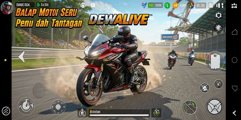 Screenshot DEWALIVE menampilkan aksi balapan motor yang intens dan mendebarkan.