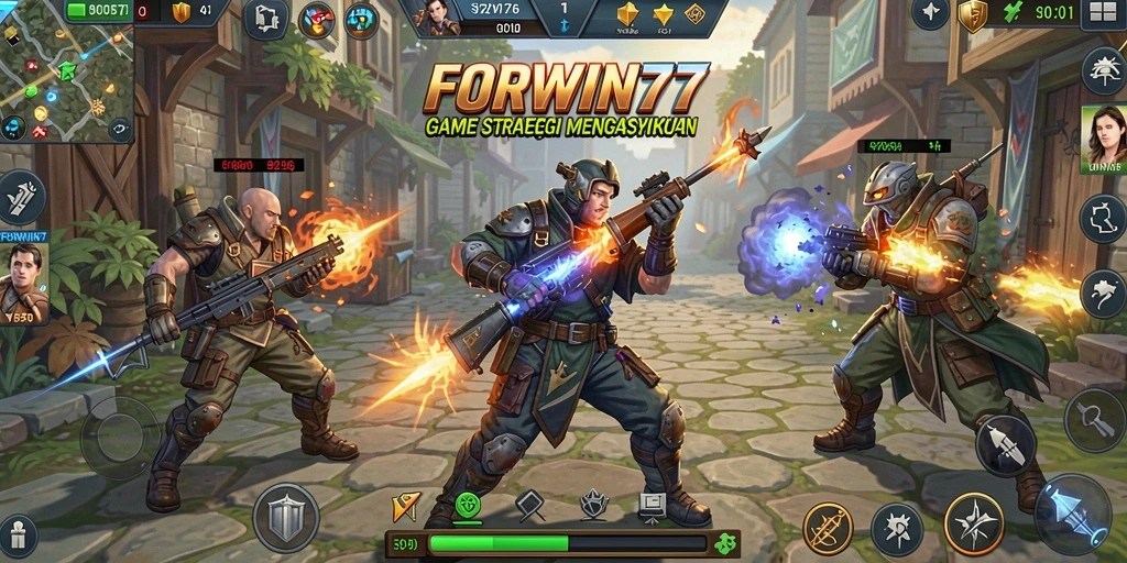 Tampilan gameplay dinamis dalam FORWIN77 yang menarik.