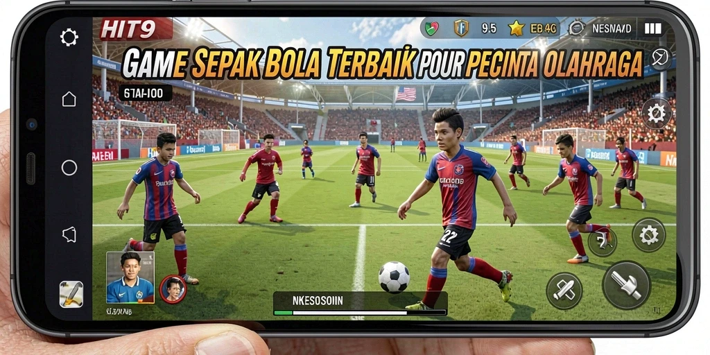 Tampilan gameplay HIT9 dengan aksi pertandingan sepak bola yang intens.