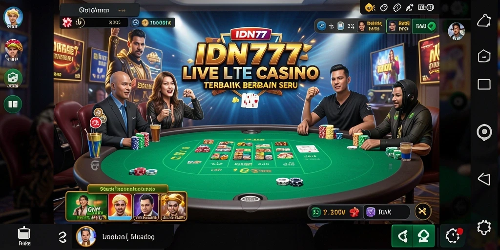 Screenshot gameplay IDN777 menampilkan dealer langsung dan suasana kasino yang hidup.