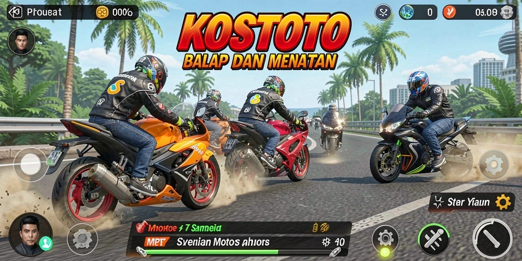 Screenshot gameplay KOSTOTO menampilkan balapan motor yang mendebarkan dan seru.