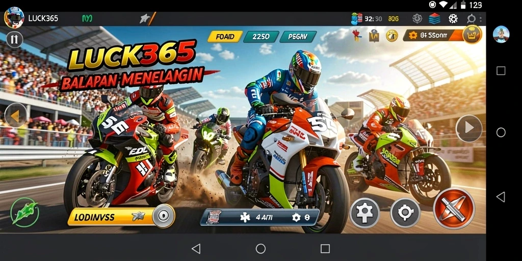 Screenshot gameplay LUCK365 menampilkan aksi balapan motor yang intens.
