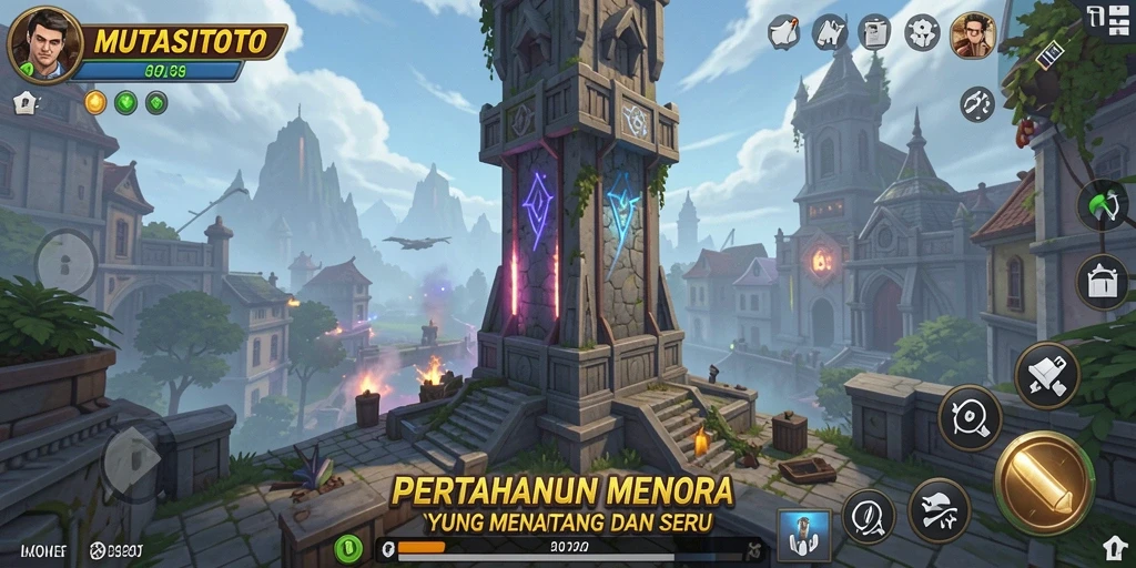 Screenshot gameplay MUATISITOTO menampilkan pertahanan menara yang strategis.