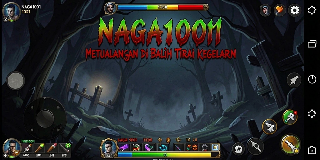 Screenshot gameplay NAGA1001 menampilkan momen menegangkan di lingkungan yang gelap.