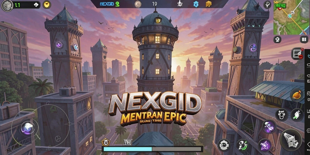 Screenshot gameplay NEXGID menampilkan pertahanan menara yang strategis.