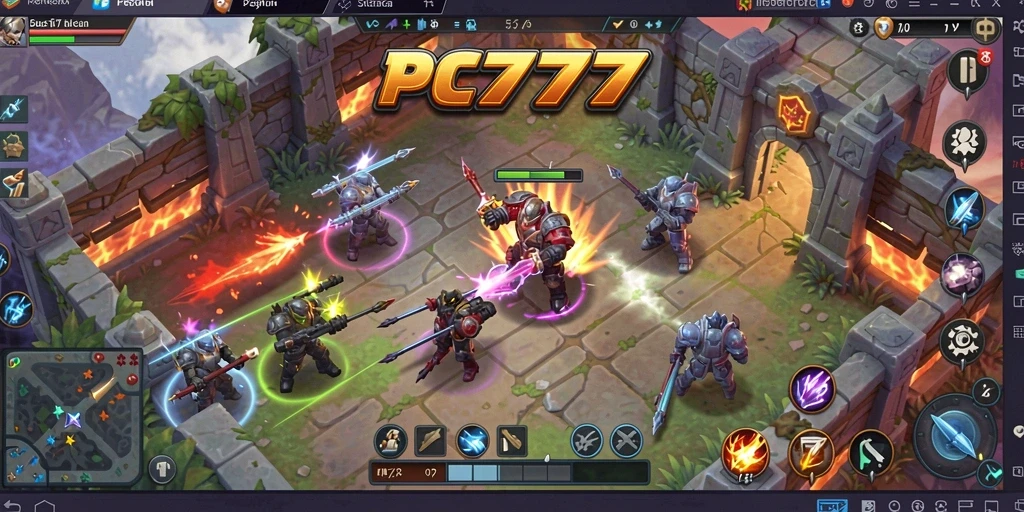 Tangkapan layar utama PC777 menunjukkan aksi pertempuran strategis yang seru.