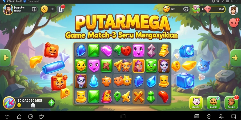 Gameplay PUTARMEGA yang penuh warna dan seru saat mencocokkan permata.