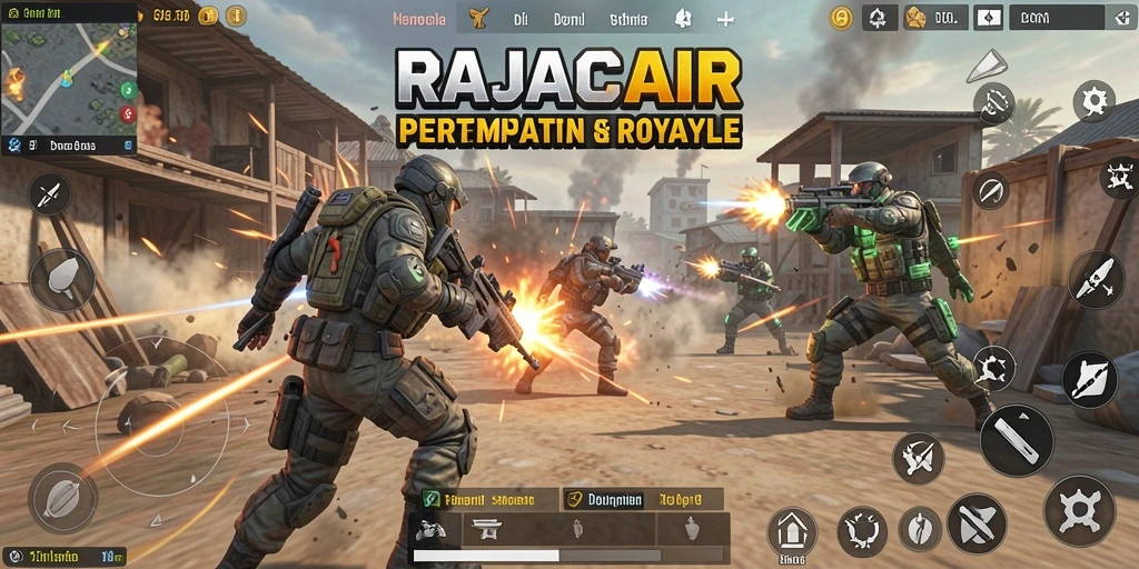 Screenshot gameplay RAJACAIR menampilkan pertempuran intens di medan perang Battle Royale.