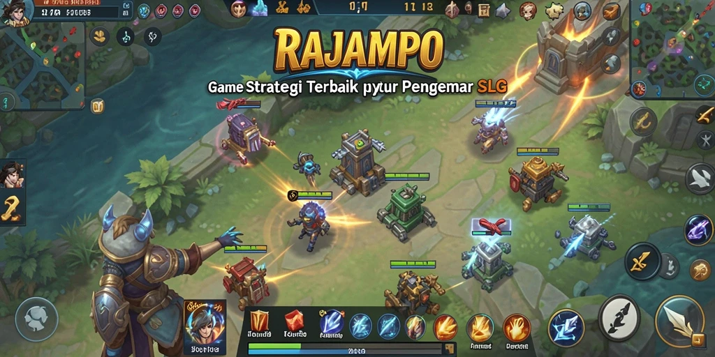 Screenshot utama RAJAMPO yang menunjukkan pertempuran seru dan pembangunan kerajaan.
