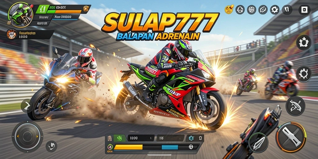 Tangkapan layar gameplay SULAP777 menampilkan aksi balapan motor yang menegangkan.