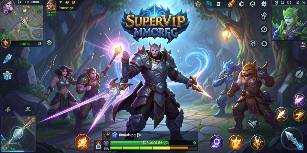 Screenshot gameplay SUPERVIP menampilkan pertempuran epik antara pahlawan dan monster.