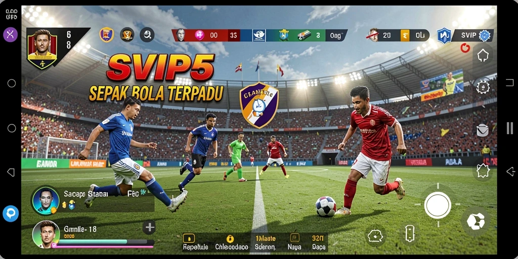 Screenshot gameplay SVIP5 menampilkan aksi seru di lapangan sepak bola.